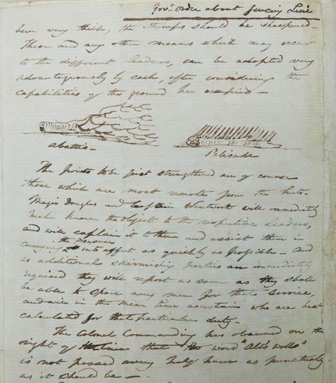 Handwritten document. Slanting writing fills most of the page around drawn illustrations showing first a felled tree. In the second sketch, branches have been sharpened to create a barrier.