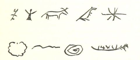 Illustration. Nine symbols or glyphs are drawn in black.