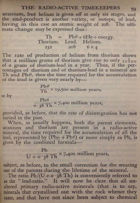 Page of a book. Four mathematical equations are separated by explanatory text. The first full paragraph at the top of the page begins, “The rate of production of helium from thorium shows that a million grams of thorium give rise to only one over 19500 of a gram of thorium-lead in a year”.