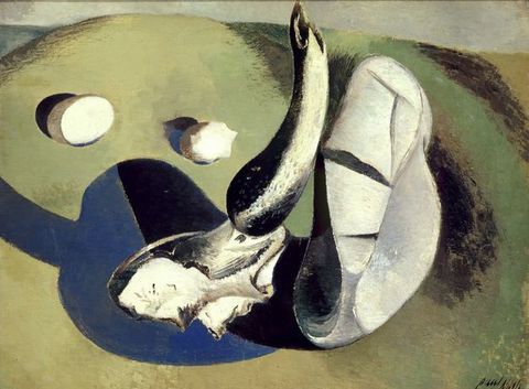Painting. Four bleached white objects are in a loosely painted, sage-green landscape. Two of the objects are smaller and nearly spherical. A third could be a fragment of bone or stone. The fourth object could be a cracked stone, bone, or another white object. It casts a precisely delineated shadow in deep blue.