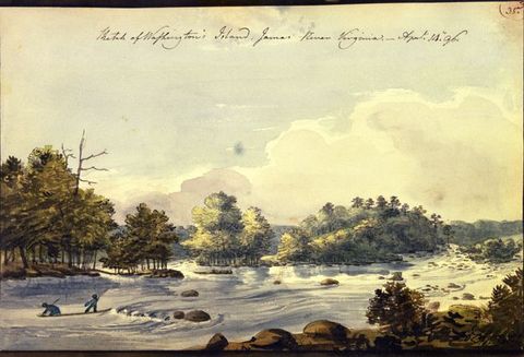 Watercolour. A river sweeping across this horizontal landscape rushes and eddies around boulders. The far shore is lined with trees under a pale sky with puffy white clouds. Two people stand in the water to our left.