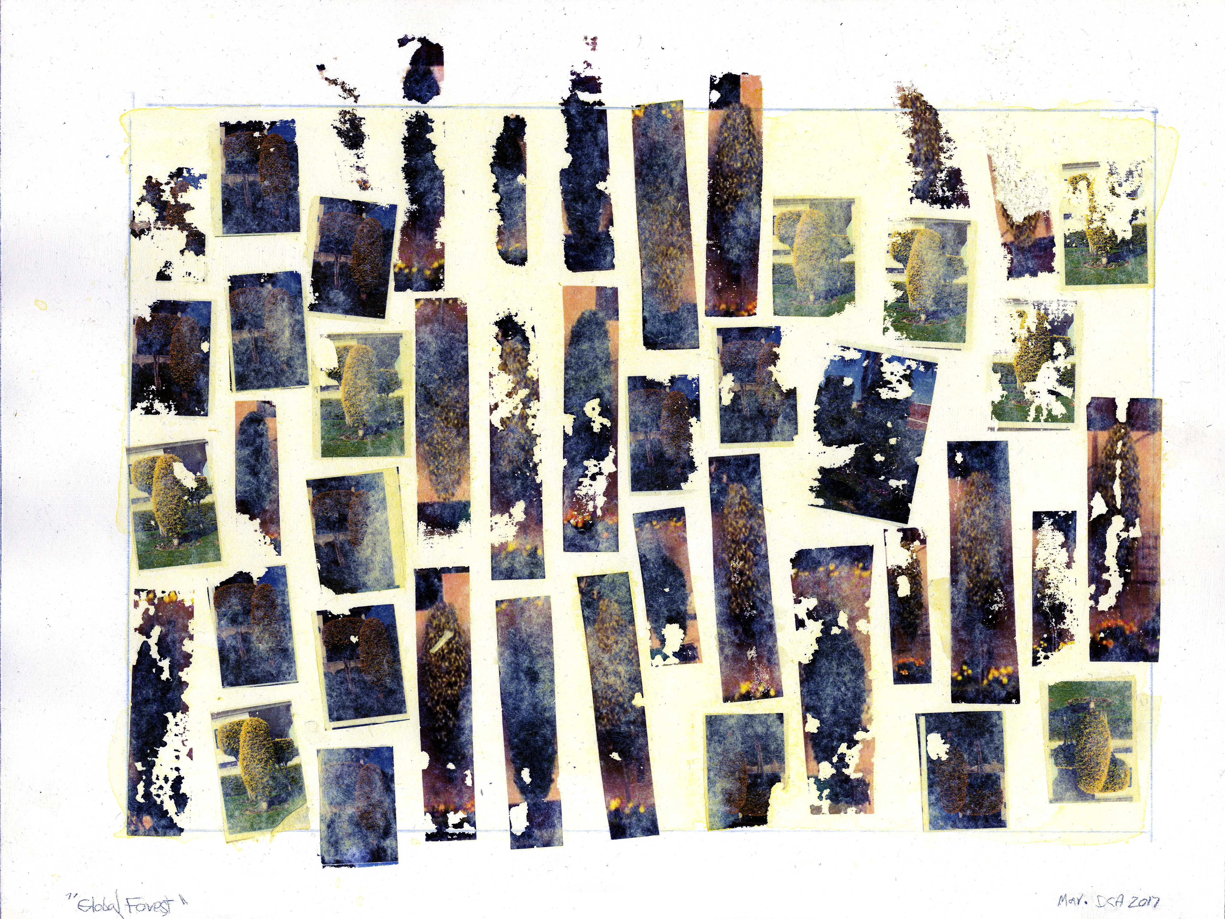 Mixed media. Vertical coloured strips are arranged in roughly thirteen columns across a rectangle drawn on a white sheet of paper. Most of the strips are coral orange and ocean blue, and others are flax yellow and indigo. The area within the drawn square is pale yellow, and some of the strips extend a bit outside the lines.