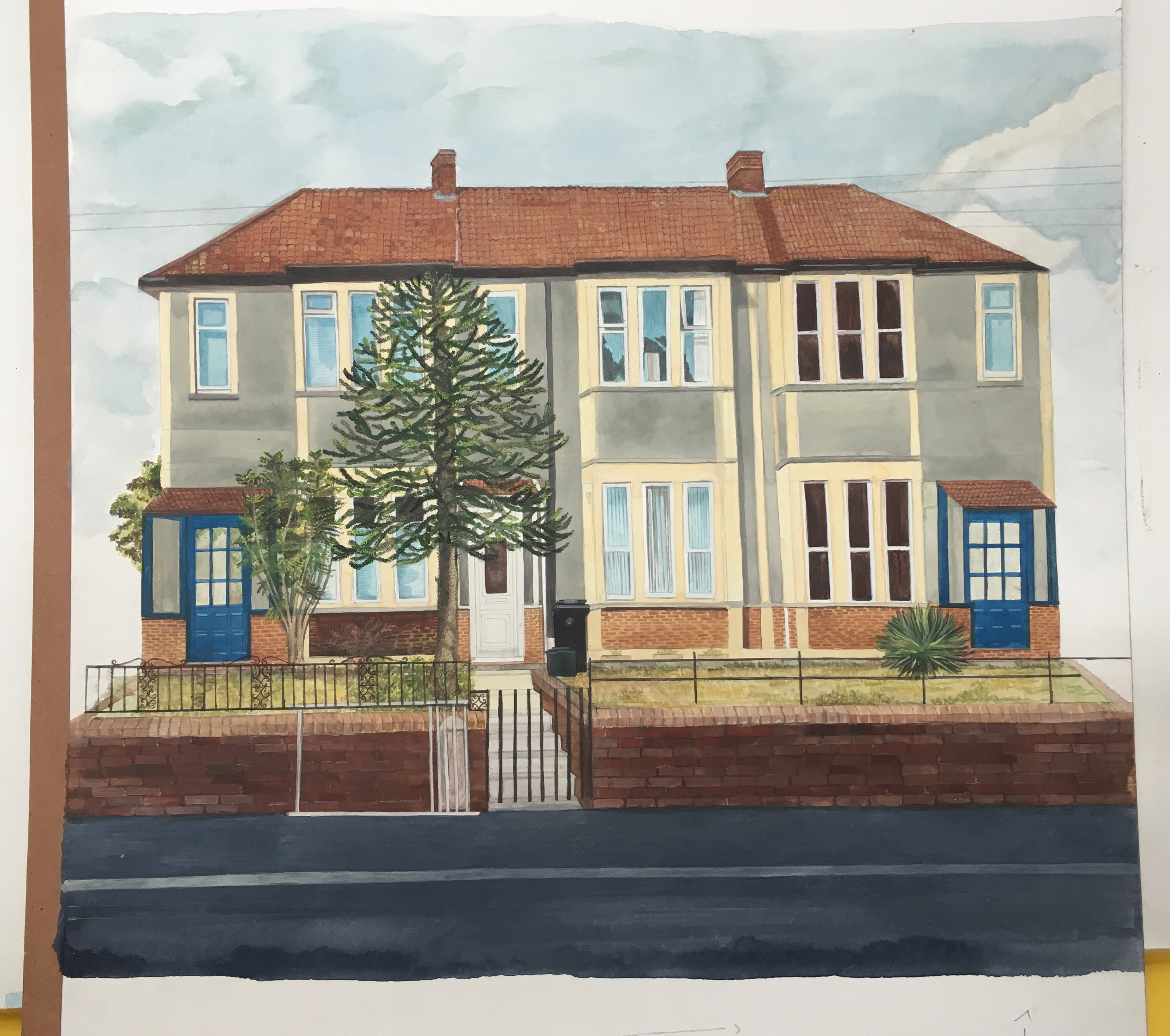 Watercolour. A muted olive-green house with pale yellow trim sits on a rise surrounded by a brick retaining wall. Two blue doors are at either end of the structure, and a white door is left of centre. An evergreen grows in front of the white door, and a few other bushes are spaced across the lawn.
