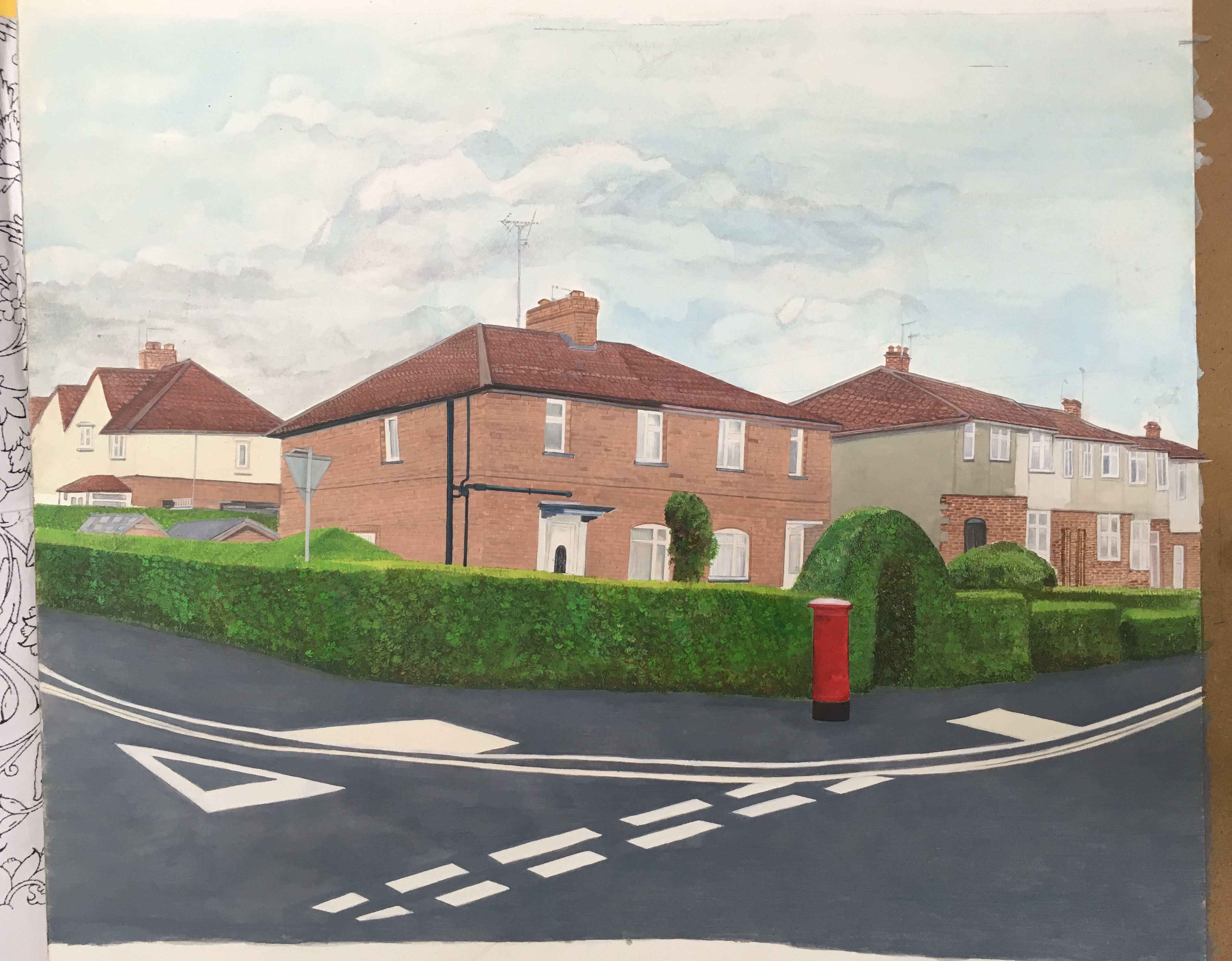 Watercolour. A red brick duplex sitting on the corner of a street is lined with a neatly trimmed hedge row. More duplexes or rowhouses extend off to each side.