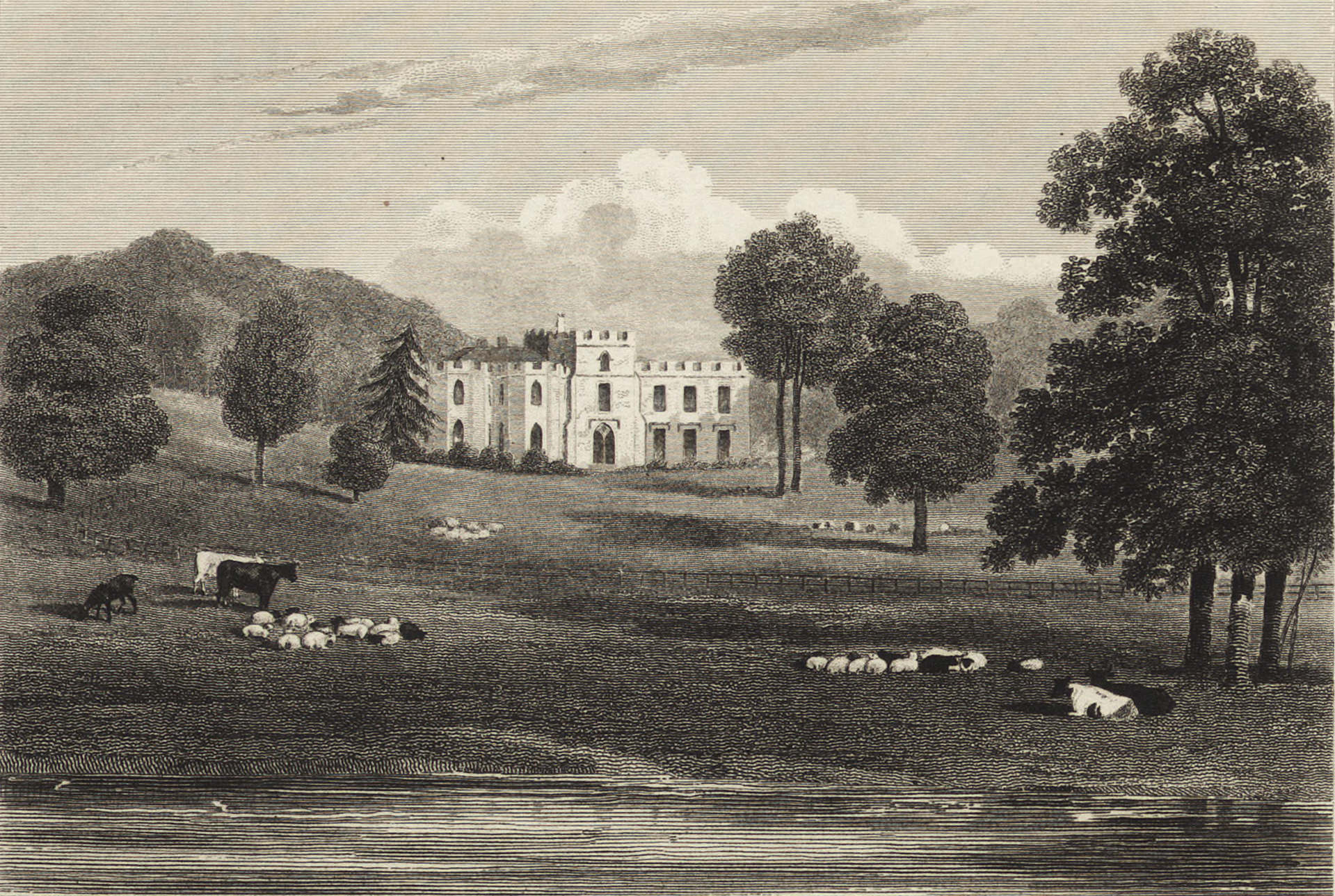 Print. A strip of water close to us and a flat lawn beyond separate us from a crenelated structure in the middle distance of this engraved landscape. Cows and sheep stand and lie on the grass near the water, and tall trees dot the lawn.