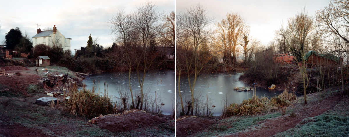 Two photographs show a pond in the winter. In the image to our left, the bank runs along the left half of the composition and is lined with sage-green growth while a cream-white house stands on the far side of the pond. Leafless trees and a dirt walkway span both photographs. In the image to our right, where the bank extends along the left half of the composition, red buildings are lit by a low sun.