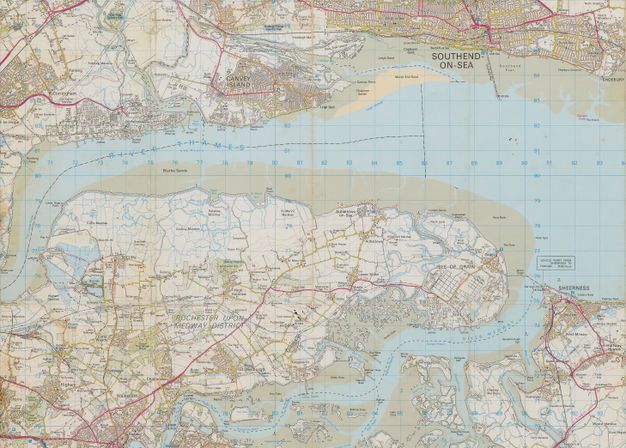 Map. The Thames River and estuary curves between areas labelled as Southend on-Sea, the Isle of Grain and Sheerness.