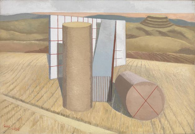 Painting. Two cylinders, a gridded screen, and a rectangular shape sit incongruously on a hay field in this landscape. The hay and hills beyond are painted in muted brown and green.