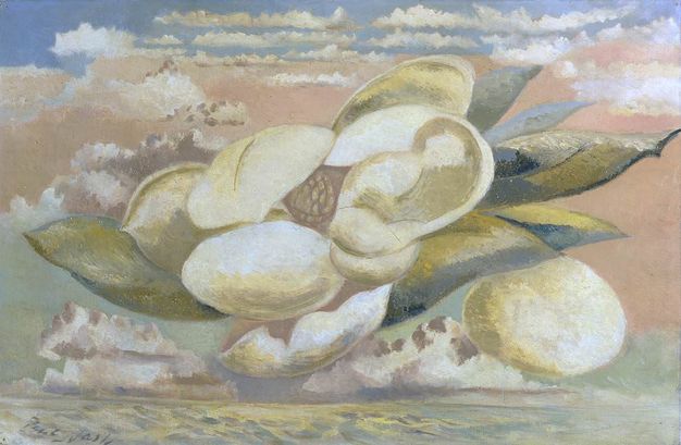 Painting. A cream-white magnolia blossom with slate-blue leaves floats against a cloud-lined sky.