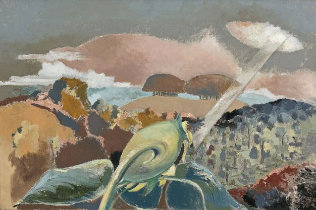 Painting. A sunflower faces away from us against a distant, loosely painted landscape. A ray of light shines between a gap in the clouds from the top right.