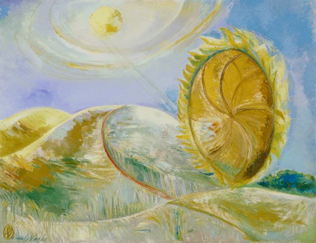 Painting. The oversized head of a sunflower floats over a loosely painted, hilly landscape. The scene is done in warm and cool yellows, frosty green, and clear blue.