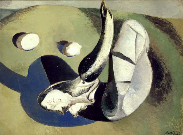 Painting. Four bleached white objects are in a loosely painted, sage-green landscape. Two of the objects are smaller and nearly spherical. A third could be a fragment of bone or stone. The fourth object could be a cracked stone, bone, or another white object. It casts a precisely delineated shadow in deep blue.