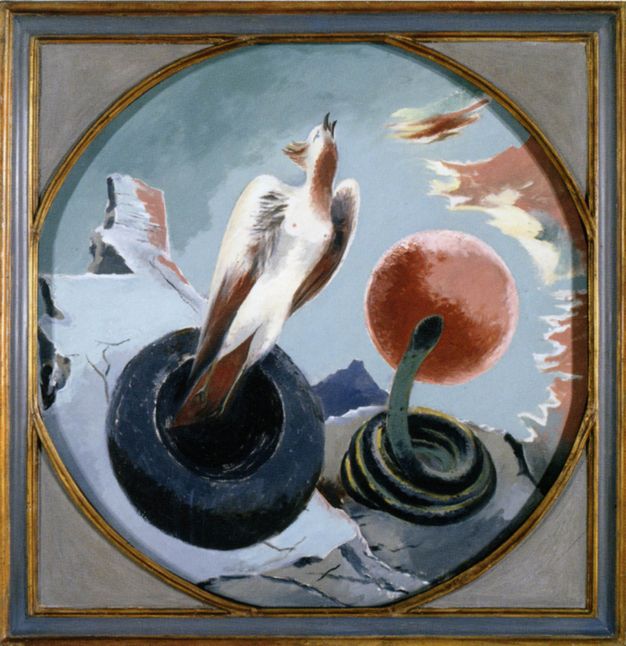 Painting. A white bird flies from a black hole in a surreal landscape. A coiled cobra or rope reaches up in front of a rust-red orb to our right. The painting is set into a round gold and blue frame.