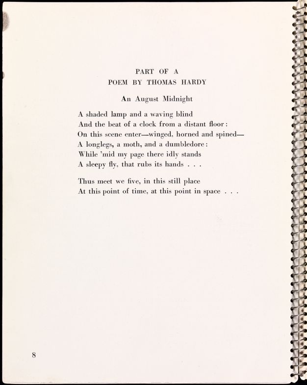 Page of a book. Black text against a white page begins, “Part of a Poem by Thomas Hardy”. Eight lines of a poem titled “An August Night” are printed below.