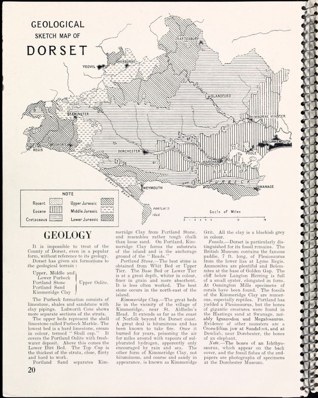 Page of a book. A map titled “Sketch Map of Dorset” in the top half of this page is followed by an entry headed “Geology”.