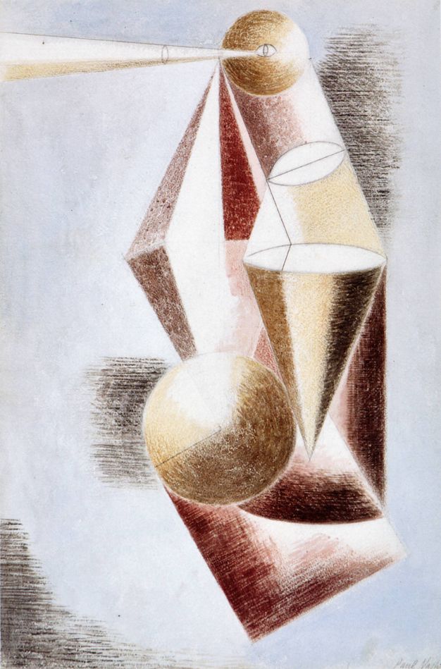 Watercolour. Geometric objects, including two spheres, a cone, and prism-like forms are shaded in burgundy red, taupe, and black against a blue background.