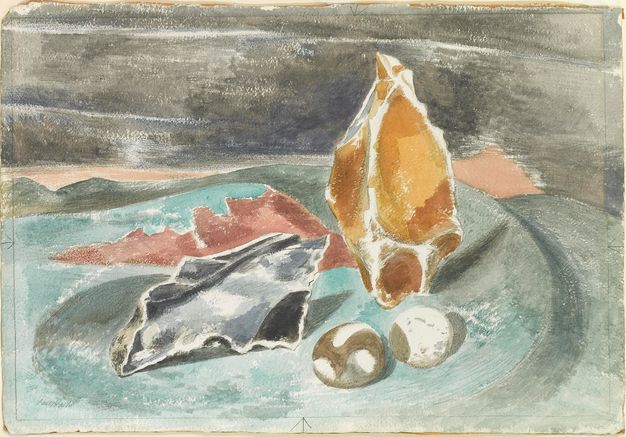 Watercolour. Five jagged or smooth objects are gathered on a sweeping aqua-coloured spiral. Two of the objects are white stones. The other three could be fragments of bone or shell, and are harvest yellow, muted red, or grey.