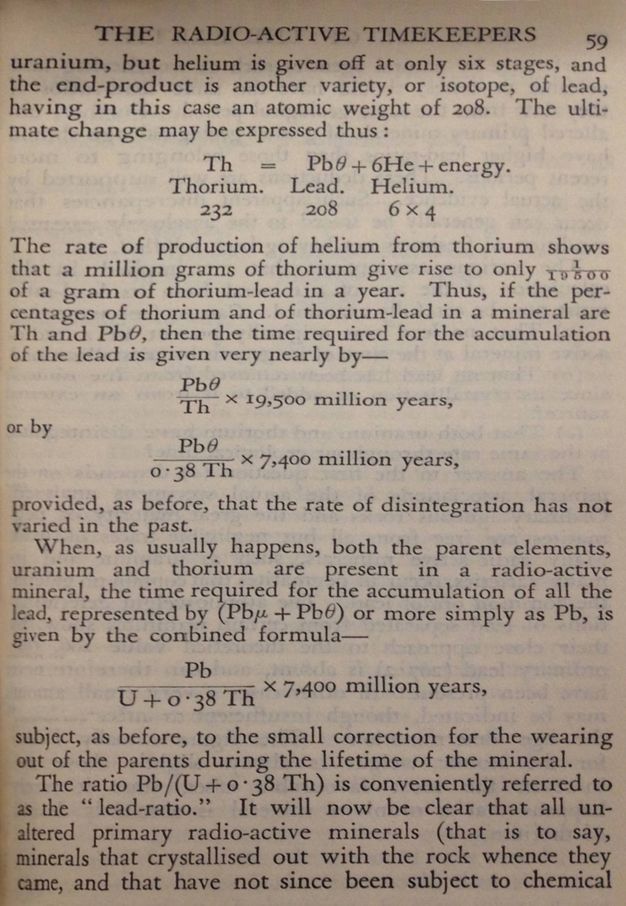 Page of a book. Four mathematical equations are separated by explanatory text. The first full paragraph at the top of the page begins, “The rate of production of helium from thorium shows that a million grams of thorium give rise to only one over 19500 of a gram of thorium-lead in a year”.