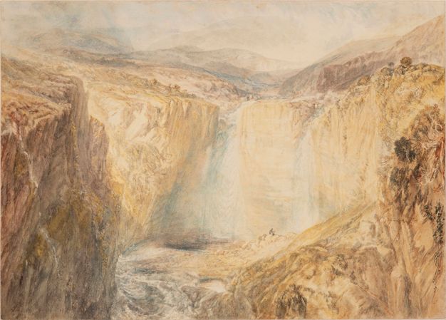 Watercolour. Water falls down steep, pale-coloured canyon cliffs in a scrubby landscape. Hills roll into the distance becoming hazy along the horizon, which comes almost to the top of this composition.
