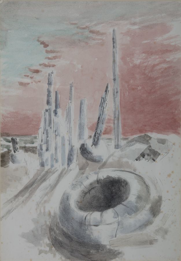 Watercolour. Spiky grey columns, like branchless tree trunks, and a crater or rubber ring are painted loosely against a washed out cranberry-red sky.