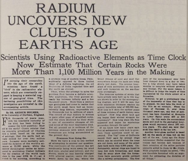 Article clipping. The headline reads, “Radium Uncovers New Clues to Earth’s Age”. The subheading continues, “Scientists Using Radioactive Elements as Time Clock Now Estimate That Certain Rocks Were More Than 1,100 Million Years in the Making”. Four columns of text follow.