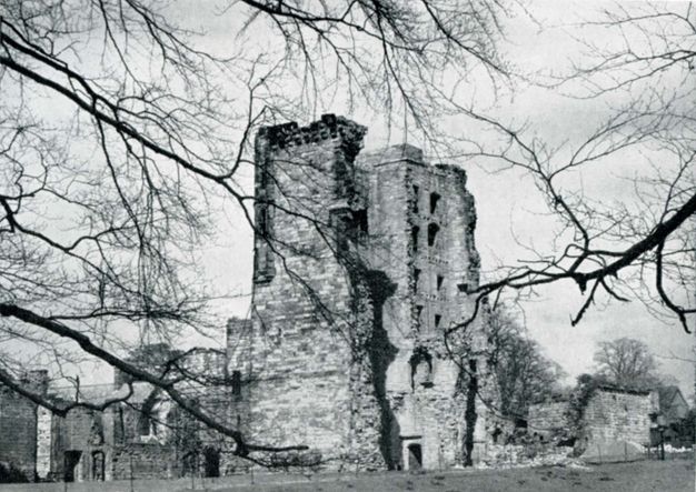 Black and white photograph. A partially ruined stone tower is framed by twisting branches of a tree between us and the building.