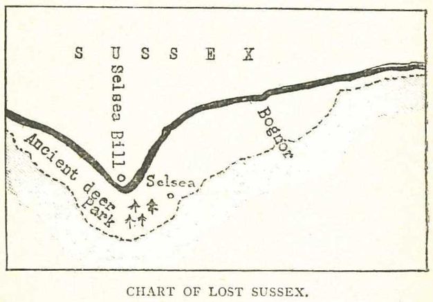 Map. The location “Sussex” is typed above a black line that bisects this map. A dot at a V-shaped promontory is labelled “Selsea Bill”. A dotted line running roughly parallel to the black line is marked with the following areas: ancient deer park, Selsea, and Bognor.