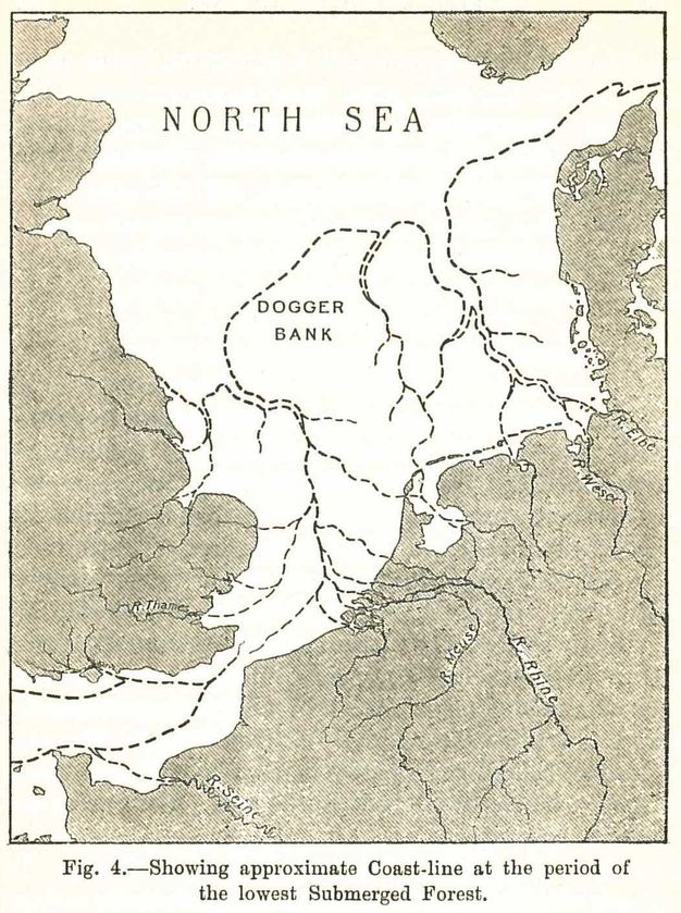 Map. The central area of this map is labelled the “North Sea”. Rivers are labelled on the land masses to either side. Dotted lines make a network across the sea. One area is labelled “Dogger Bank”. The caption below reads, “Fig. 4.--Showing approximate Coast-line at the period of the lowest Submerged Forest”.