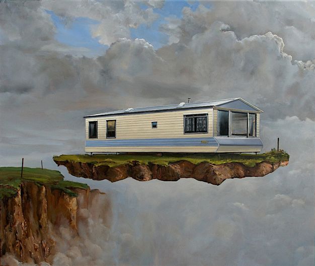Painting. A caravan sits on a piece of earth that levitates in midair amid grey clouds. Sheer cliff faces are in the distance to our left.