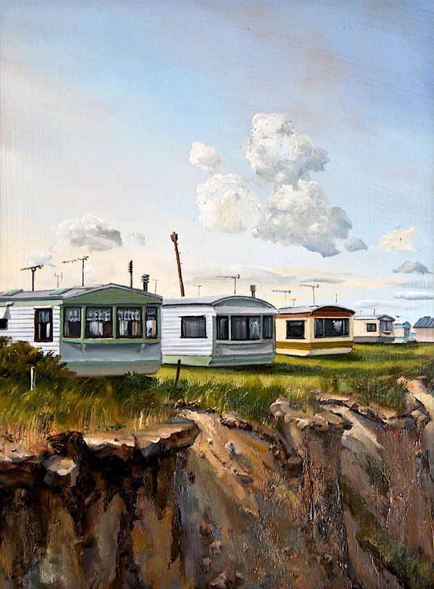 Painting. A row of caravans sit on grassy ground almost where it meets the rock of sheer cliff faces.