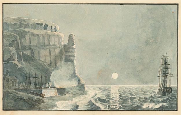 Watercolour. Sheer cliff faces to our left jut out over choppy water. A masted ship is to our right, and more are docked along the edge of a town to our left. A full bright moon hangs low over the water.