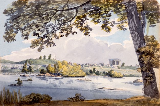 Watercolour. From near a tree on a narrow strip of land, we look across a river to a town of white buildings lining low hills on the far side. The canopy of the tree near us nods down into the scene to frame the top edge.