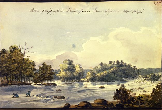 Watercolour. A river sweeping across this horizontal landscape rushes and eddies around boulders. The far shore is lined with trees under a pale sky with puffy white clouds. Two people stand in the water to our left.