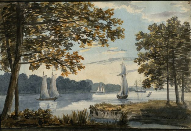 Watercolour. Through groves of trees, we look across a river with four masted sailboats and one smaller vessel. The area directly in front of us is painted with dark olive green and grey to suggest reeds and grasses. Trees lining the far bank are spruce blue under a lowering sun.