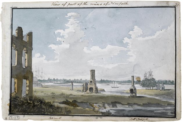 Watercolour. The remains of a few structures and chimneys dot flat, marshy land cut through with a river. A ship and sailboat are on the river beyond. White clouds seep across the pale blue sky above.