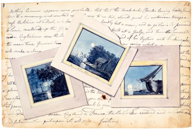 Watercolour. At first glance this painting appears to be three small moonlight landscapes layered on a handwritten letter. The landscapes are mostly blue, white, and grey.