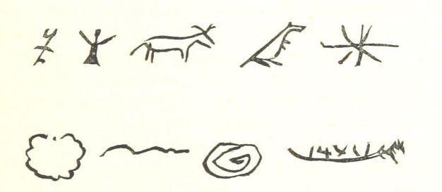 Illustration. Nine symbols or glyphs are drawn in black.