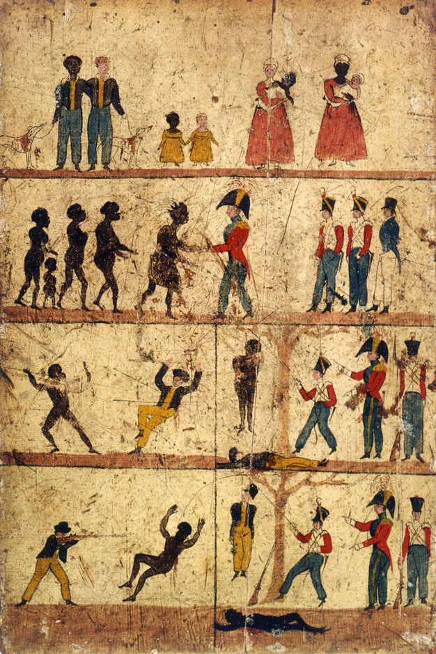 Four registers illustrate interactions between pale-skinned people and dark-brown skinned people. At the top, two men, two children, and two women holding babies alternate ethnicities so an Indigenous and white man stand together, an Indigenous and white child, and so on. The second register shows a white man in military uniform shaking hands with an Indigenous man. The third shows an Indigenous man killing a white man and being hanged. The bottom shows a white man killing an Indigenous man and being hanged.