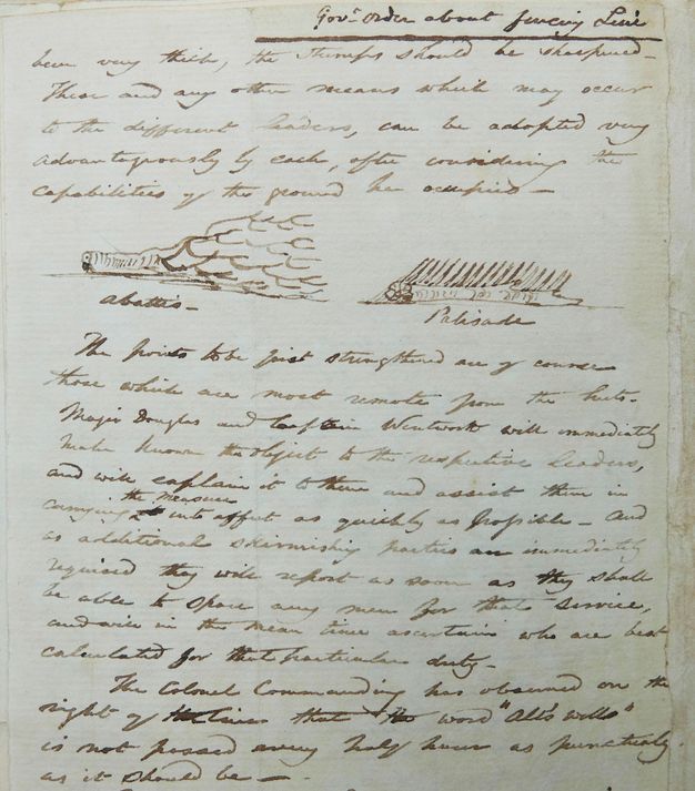 Handwritten document. Slanting writing fills most of the page around drawn illustrations showing first a felled tree. In the second sketch, branches have been sharpened to create a barrier.