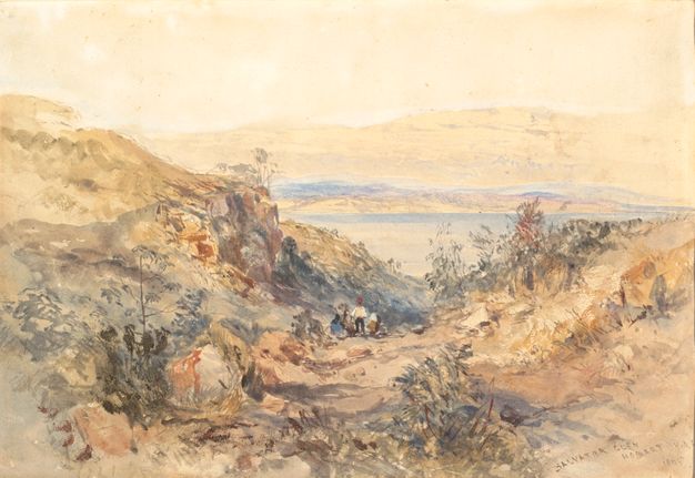 Watercolour. Sand-coloured hills with some scrubby growth rise to either side of a valley that extends away from us. A band of pale blue water leads back to more parchment-brown mountains in the distance.