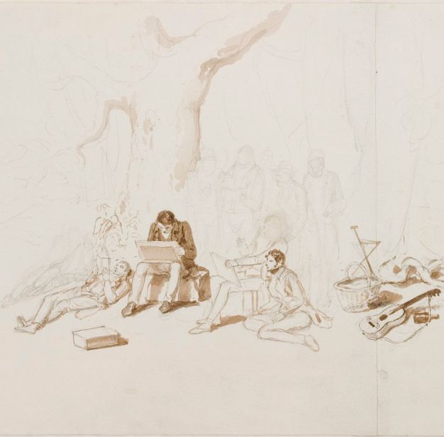 Drawing. Men wearing suits sketch or relax near a massive tree in this loosely drawn scene. Some are shaded with brown washes, but most are outlined faintly in graphite.