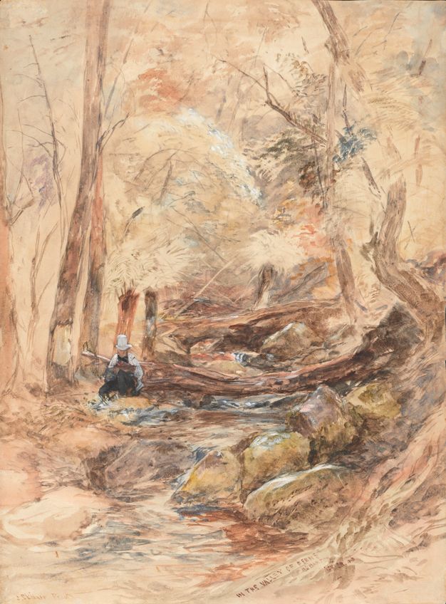 Watercolour. A man wearing a tall white hat and a white coat with white pants sits crouched next to a tree that has fallen across a river. The forest is sketched in but mossy boulders and blue water tripping down past them are painted in more detail.