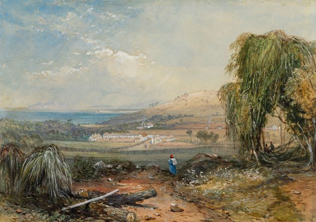Watercolour. A strip of land in front of us has scrubby growth around patches of dirt and spiky plants. A man wearing a long blue garment and red cap walks away from us at the centre of the composition. A flat expanse separates us from rolling hills beyond.