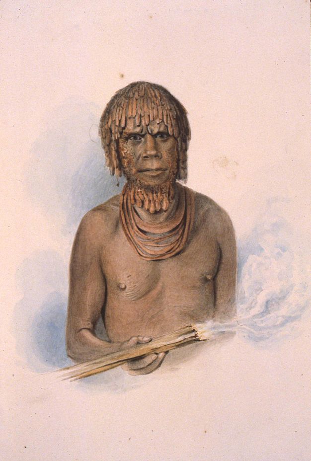 Watercolour. Shown from the waist up, a bare-chested, brown-skinned man holds a smoking stick. His eyebrows are drawn together and he looks out steadily at us. His red hair and beard appears to be twisted. Blue puffs of smoke are around his body against a pale pink background.
