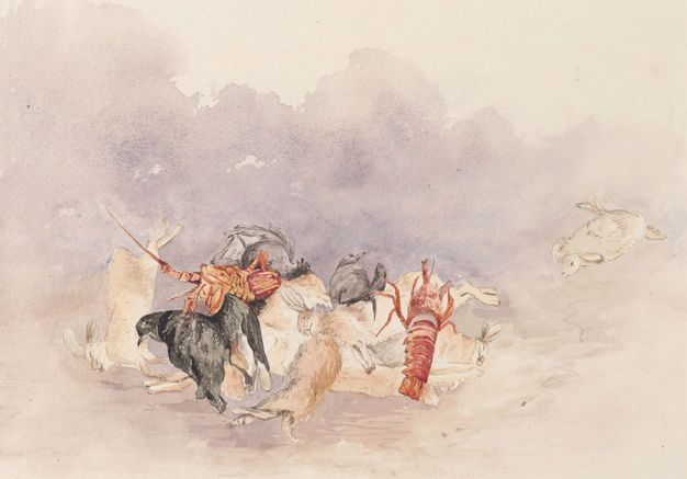 Watercolour. Rabbits, a lobster, birds, and perhaps other game are piled against a lavender-purple background.