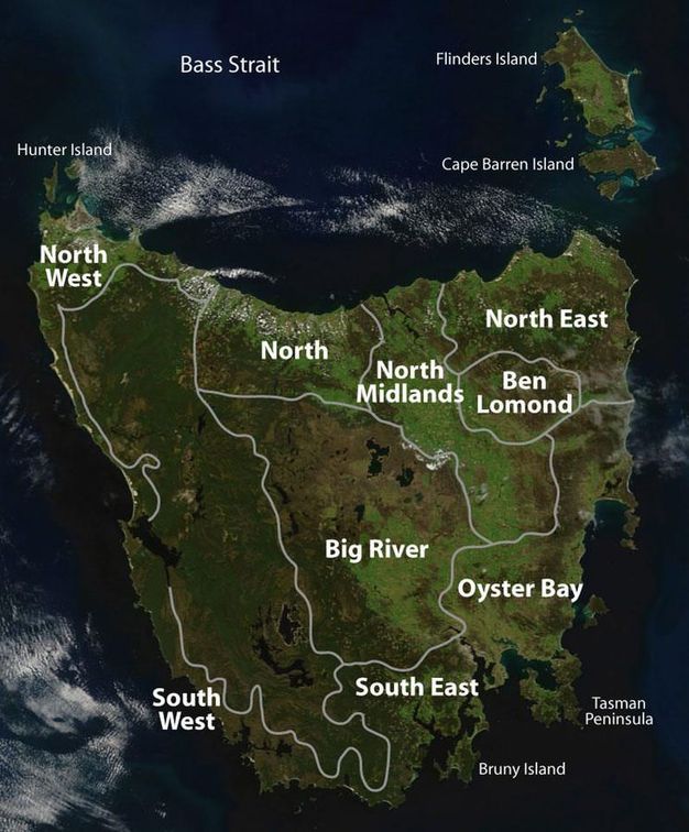 Map. The territories of Tasmanian Tribes at the point of European contact are delineated and labelled. In roughly clockwise order starting from the top left, tribes include North West, North, North Midlands, North East, Ben Lomond, Oyster Bay, South East, South West, and Big River.