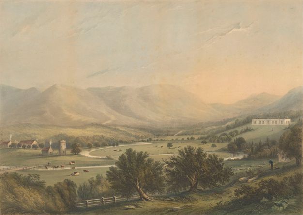 Print. From a high vantage point, we look across sweeping fields leading back and up to a stately white building to our right in this hand-coloured lithograph. Cows sit and lie in and around a stream that whips through the landscape. Mountains sweep sedately up to rounded peaks in the distance under a watery blue sky.
