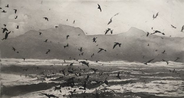 Print. The black silhouettes of dozens of birds flick against a shimmering body of water and mountains in this etched landscape.