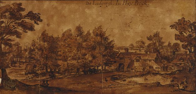 Drawing. In amber-brown and black tones, trees and houses sweep across this wide landscape. A few birds are in or near a body of water in the lower right corner. Two people, tiny in scale, sit in the shade of a tree in the lower left corner.