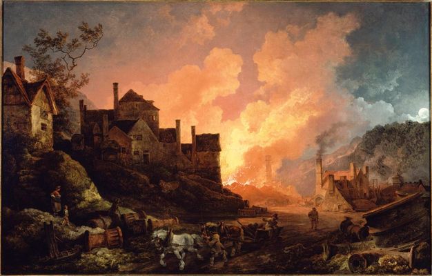 Painting. Buildings are brightly backlit by burning fires in this landscape. The sky flares yellow and orange, and a cool blue moon sits low over a distant mountaintop to our right. The glow throws warm light onto a horse-drawn carriage and the people driving it, close to us.